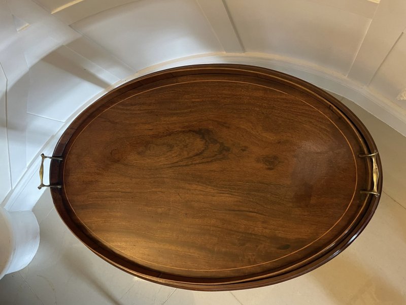 Large Antique Edwardian Oval Quality Figured Mahogany Tea Tray on Stand - Image 9